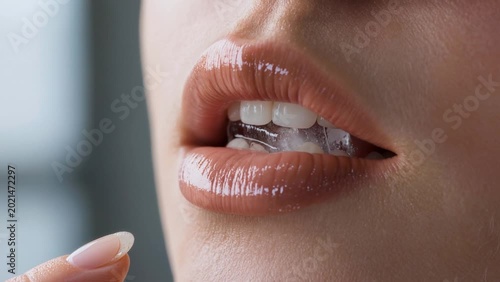 An extreme close-up of a person holding a melting ice cube between their teeth, highlighting freshness, cold sensation, and glossy lip detail.