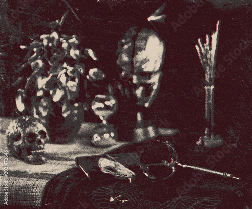 Foto black and white paint on the ground memento mori skull poster print