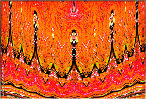 The image showcases a vibrant and symmetrical abstract pattern with swirling lines and shapes. Dominated by warm hues, it creates a sense of dynamic movement.