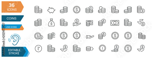 Obraz na płótnie Thirty six thin line coin icons set for financial banking and business web devel
