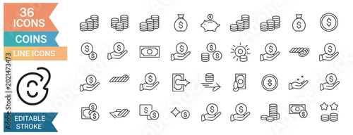 Obraz na plátně Collection of thirty six money and coin line icons for financial banking and pay