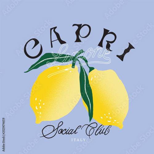 Foto Capri Lemon vector daring illustration, summer fruit drink juice lemons, lemon tee t-shirt design, vintage graphic design, retro lemon artwork, seasonal fruit print design, girl's graphic tee