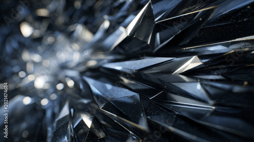 Dynamic modern art with angular shards of glass-like shapes, reflective surfaces, deep contrast lighting, cinematic and dramatic atmosphere. 