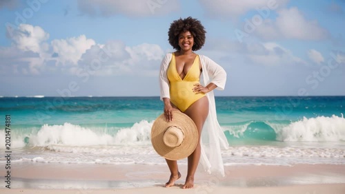 Confident plus-size African woman poses on a tropical beach in a yellow swimsuit, celebrating body positivity, freedom, and summer vacation vibes.