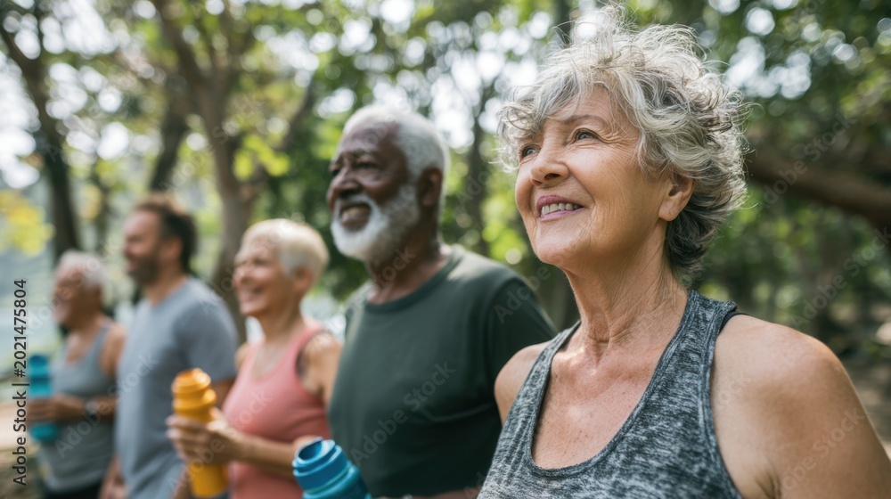 Fototapeta premium Diverse group of seniors enjoying outdoor exercise and healthy lifestyle together