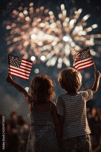 Children celebrate Independence Day with American flags and fireworks