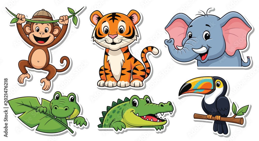 Obraz premium Cartoon animals in a row smiling.