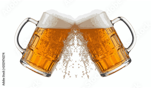 Tableau sur toile Two beer mugs clinking with splash realistic isolated transparent background cut