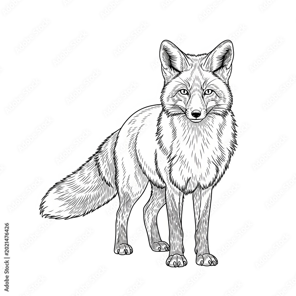 Obraz premium Detailed red fox standing front view line art sketch