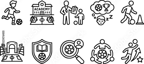 Tableau sur toile Black line icons of soccer players and academy
