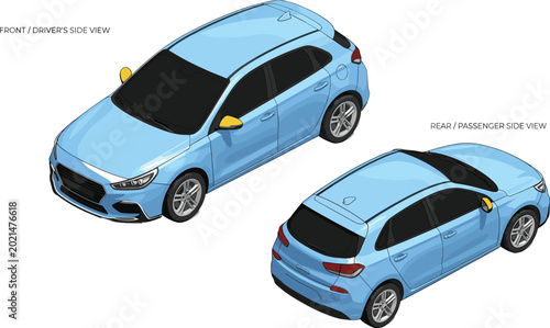 Fotografía Blue isometric hatchback car vector illustration showing front driver side and r