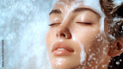 Face beautiful young woman with closed eyes enjoying a refreshing facial cleanse treatment using soft white soap foam in this  close up portrait beauty  shot, in the shower in the bathroom, indoors