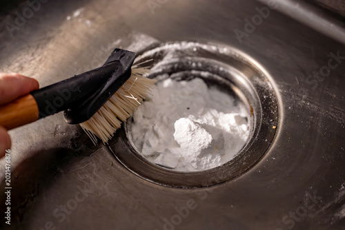 Bild auf Leinwand Stockholm, Sweden A household sink drain with baking soda to unclog the pipes