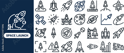 Cuadro en lienzo Space Launch and Rocket Mission outline icon set