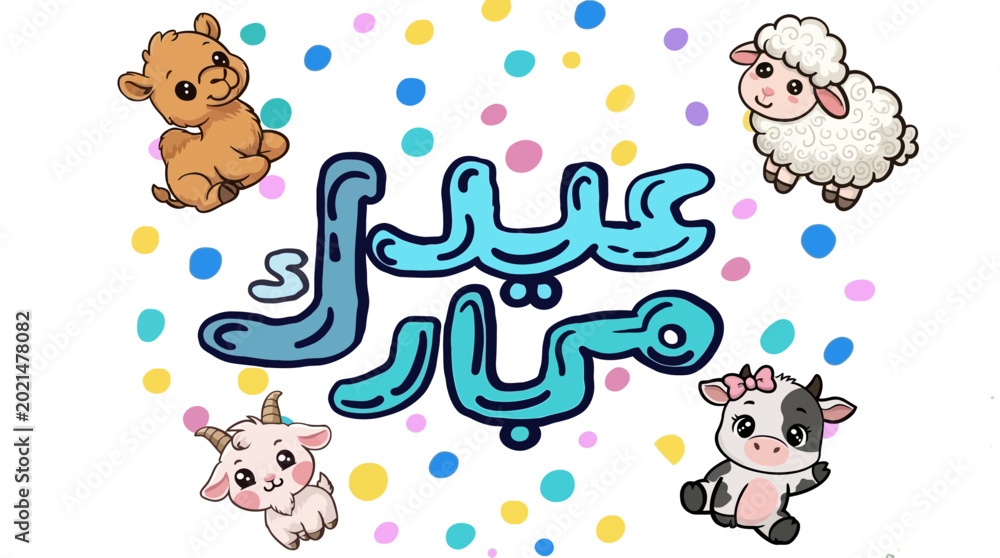 Obraz premium Eid Mubarak greeting card with cute animals and colorful dots