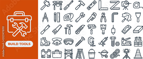Bild auf Leinwand Build Tools and Carpentry Equipment outline icon set