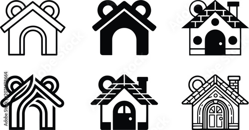 Tableau sur toile Black and white dog house icon variations with roof door bone inspired shapes fo