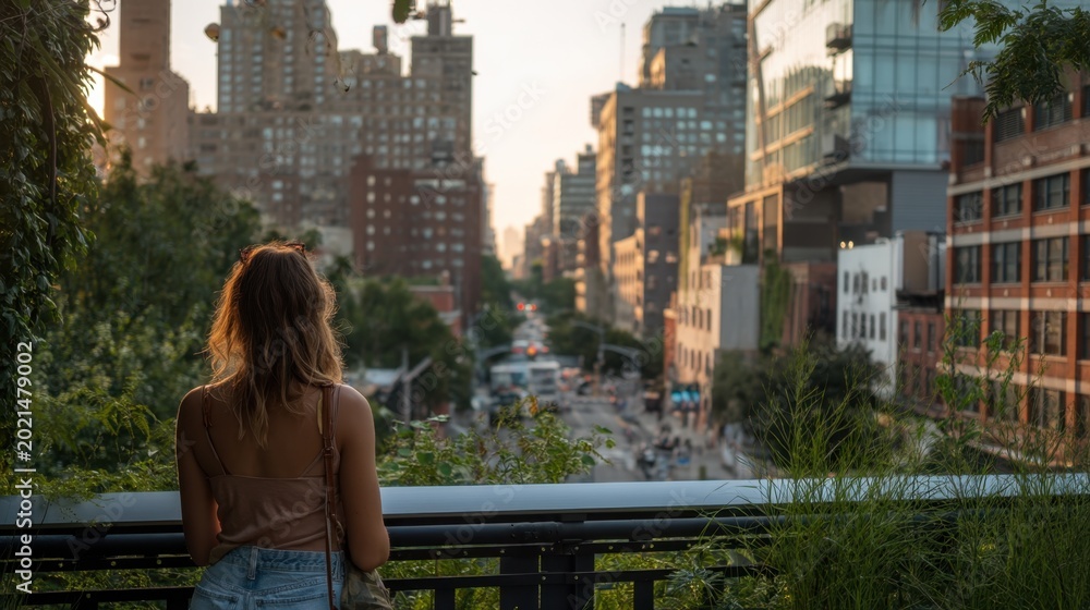 Fototapeta premium A young tourist stands on The High Line, looking out over Manhattan's skyline in golden hour light, blending nature, architecture, and urban emotion.