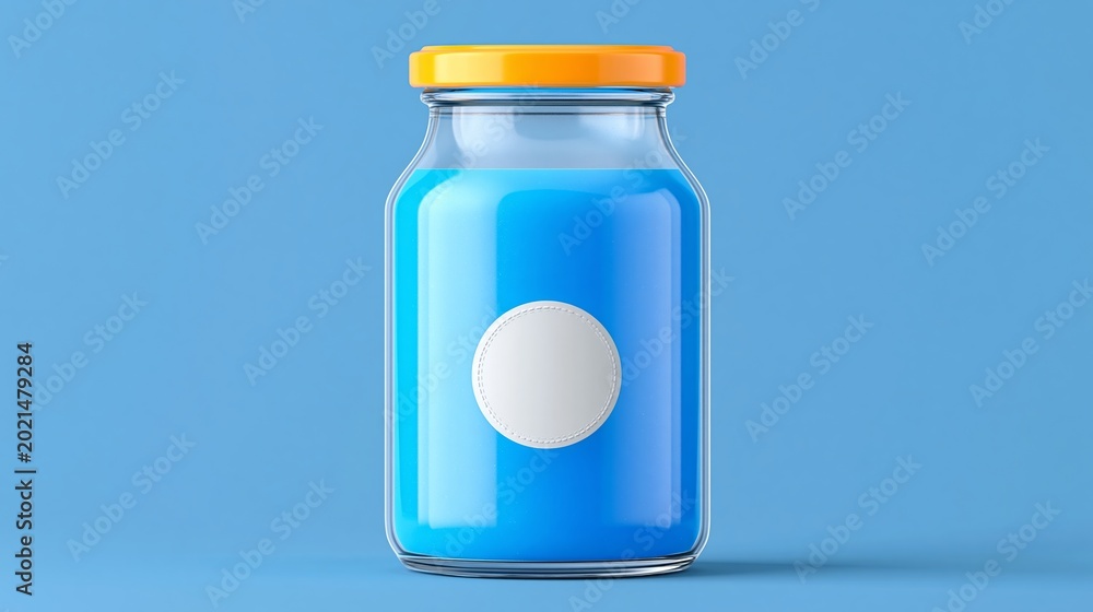 Fototapeta premium Glass jar filled with bright blue liquid, featuring an orange lid and a white label on a solid blue background, ideal for product mockups or design purposes