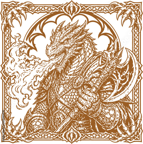 Majestic dragon warrior frame illustration