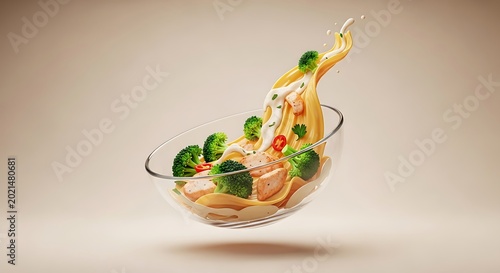 Floating bowl of chicken broccoli ziti pasta dish with creamy sauce splashes in a minimalist studio setting for professional culinary food photography