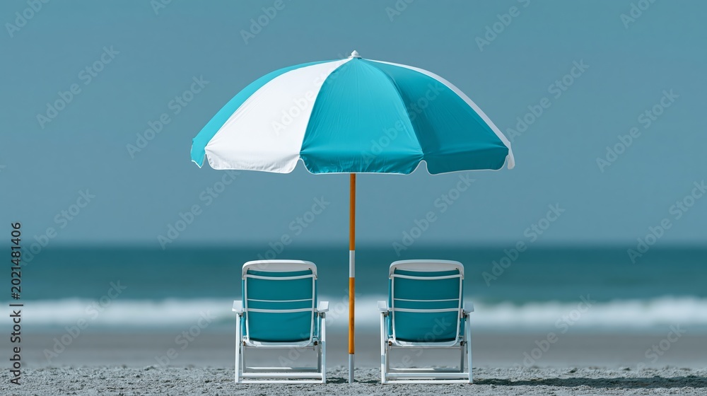 Fototapeta premium Two white beach chairs under a large teal and white striped umbrella on a sandy beach with calm ocean waves in the background