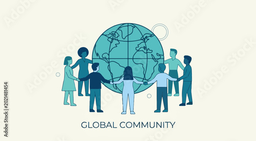 Diverse group of people holding hands around a globe icon representing global community and cooperation