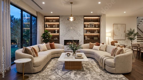 luxury living room, modern living room, curved sofa, marble fireplace, cozy interior, elegant interior, contemporary design, luxury home, warm lighting, interior design, modern furniture, luxury decor