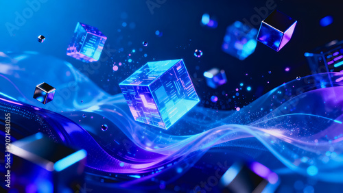 This 3D rendered background features glowing neon cubes and flowing digital data waves, creating a futuristic sci-fi tech atmosphere for digital and science projects.