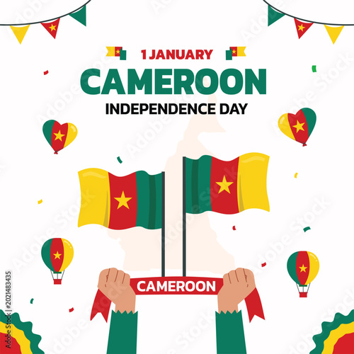 cameroon Independence Day design, 1 january design element template with flag and 2 hands raising spirit, cameroon map and flag with balloons