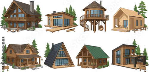 Foto Modern wooden cabin vector set with A-frame houses log cottages and luxury fores