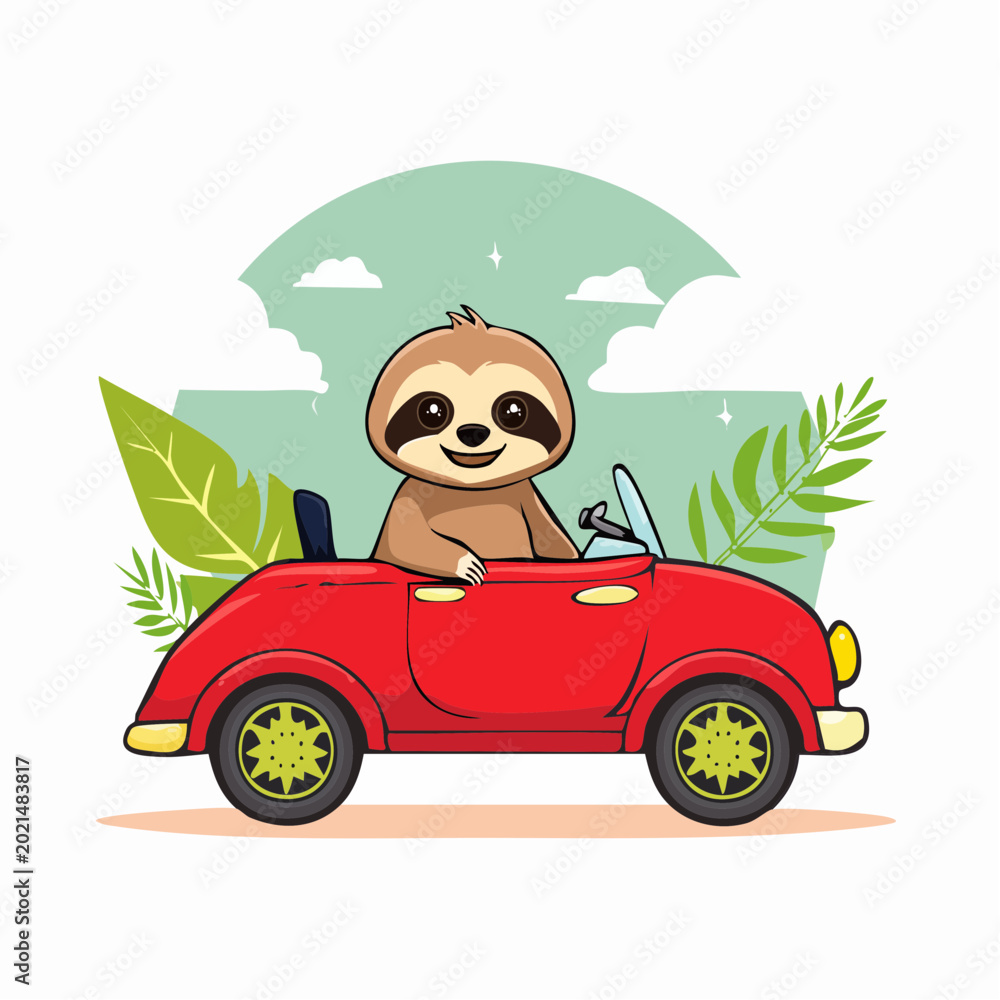 Naklejka premium Cute Sloth Driving a Red Convertible Car