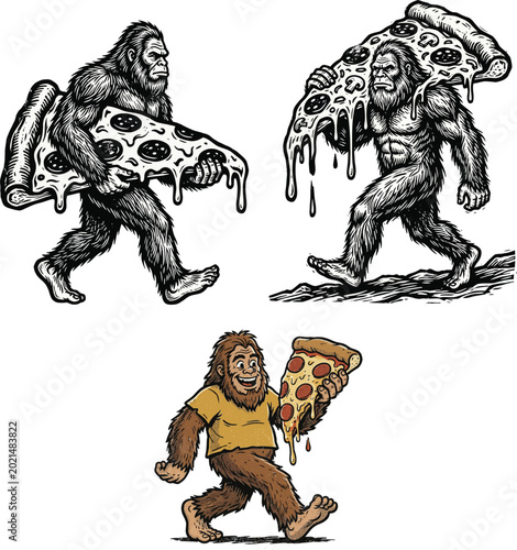 Bigfoot eating pizza slices in different styles