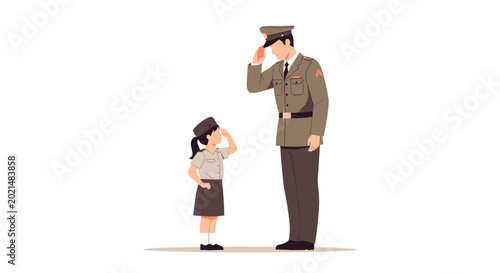A heartwarming scene of a military man saluting and a child in uniform celebrating US Independence Day with patriotism and joy outdoors on a sunny day with flags and decorations.