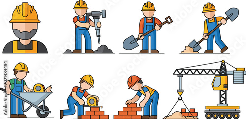 Photos Construction Workers and Tools Icon Set Featuring Hard Hat, Drill, Shovel, Crane