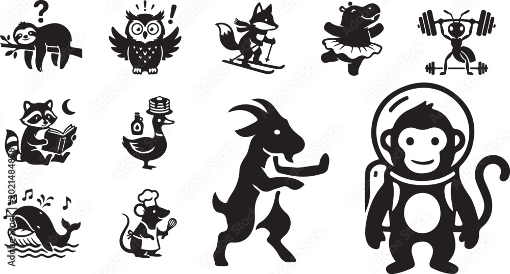 Fototapeta premium Cute animal icon set featuring black and white minimalist illustrations.
