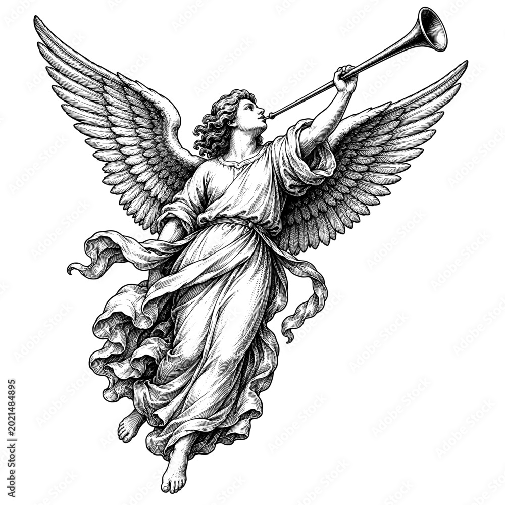 Fototapeta premium angel blowing trumpet with wings and robe for divine announcement heaven religion spiritual guardian and sacred fantasy concept