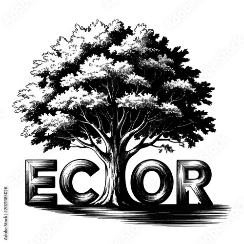 Принти на полотні Textured Black and White Illustration of a Large Tree with the Word 'ECOR' Incor