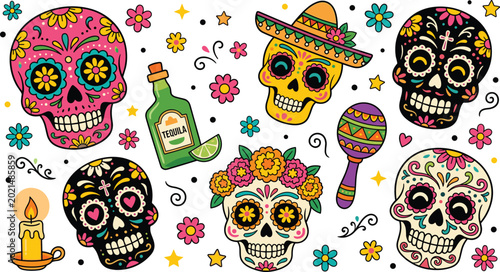 Foto Day of the Dead sugar skulls vector illustration set with tequila maraca candle