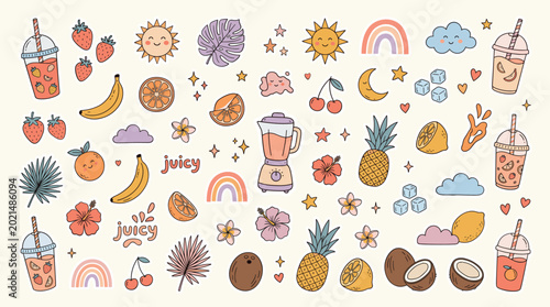 Retro summer fruit smoothie stickers, hand drawn tropical juice icons vector set, cute pastel aesthetic food illustrations for social media