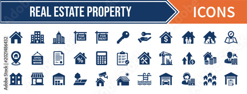 Schilderij op canvas Real estate property icons featuring houses buildings keys and for sale signage