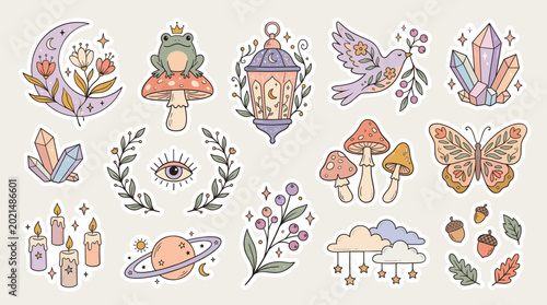 Foto Mystical celestial sticker set, bohemian magic icons with frog on mushroom and c