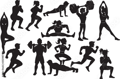Fitness and exercise silhouettes for workout and healthy body training.