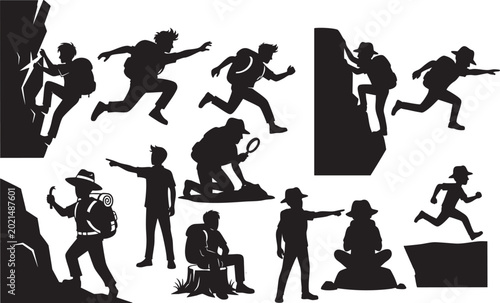 Adventure silhouette man climbing running exploring with magnifying glass on rocks.