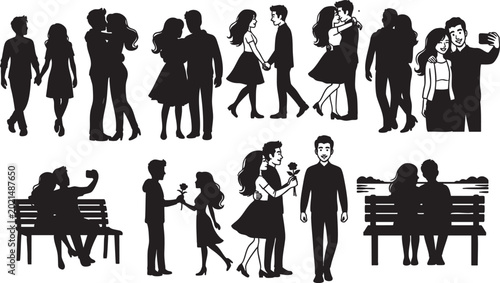 Couples silhouettes romance love holding hands hugging taking selfie on bench.