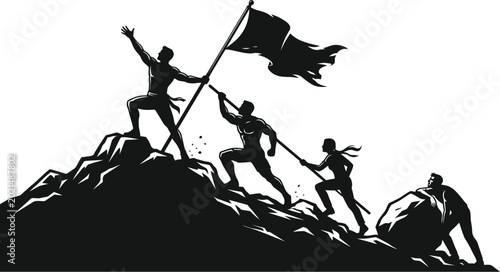 Schilderij op canvas Silhouette of people climbing a hill with a flag