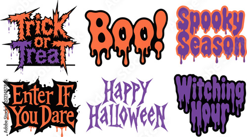 Tableau sur toile Halloween typography sticker set with trick or treat boo spooky season witching