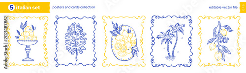 Summer stamp frames from Italy with lemon palm, sea food. Italian vintage postcard pattern. Border frame from Amalfi, Italy. Mediterranean summer stamp poster bg. Italian postage postcard illustration