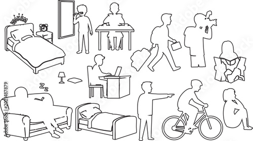 People daily routine, man brushing teeth bed waking up working and traveling suitcase.