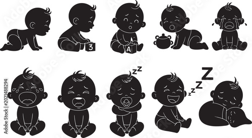 Babies playing, sleeping, crying, happy, cute baby silhouettes.